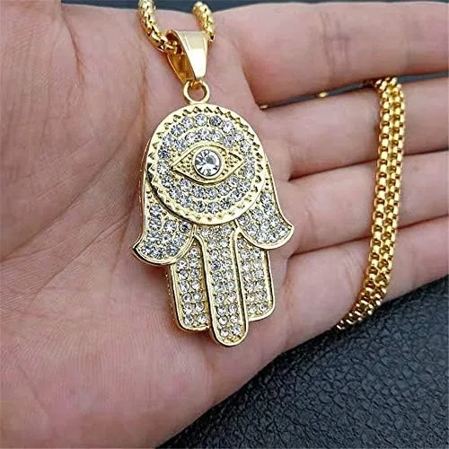 Vista 2 de Turkish Evil Eye Hand of Fatima Pendant Necklace Gold Color Stainless Steel Iced Out Chains For Women Men Hip Hop Jewelry