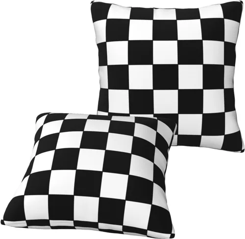 Vista 4 de Juego de 2 fundas de almohada de tablero de ajedrez en blanco y negro a cuadros, suaves, cuadradas, para sofá, decoración del hogar, 18 x 18 pulgadas