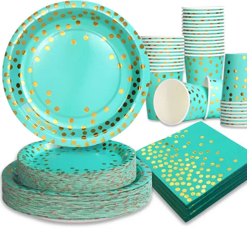 Vista 19 de Juego de 350 platos de papel floral, platos desechables con borde dorado para 50 invitados, suministros de fiesta para adultos, jardín, fiesta