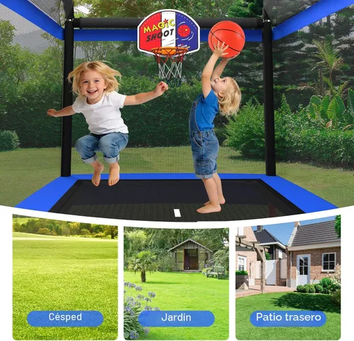Vista 6 de LANGXUN Trampolín rectangular de 6 pies para niños, trampolín 5 en 1, aprobado por ASTM para interiores y exteriores, mini trampolín con red de Azul