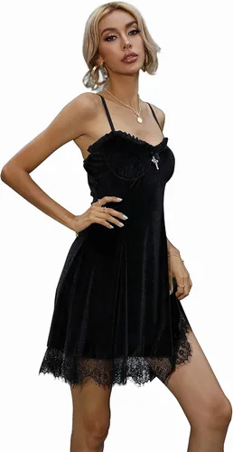 Vista 3 de TSMNZMU Vestido gótico de terciopelo para mujer, sin mangas, vestido de hada Lolita, vestido vintage de bruja, vestido de encaje Harajuku