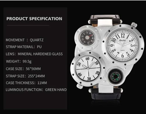 Vista 4 de OULM Hombres Militar Oversize Multi Zonas Horarias 2 Diales Cuero Analógico Deportes Reloj de Pulsera HP9415
