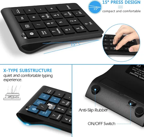 Vista 5 de Foloda Teclado numérico Bluetooth: almohadilla numérica inalámbrica con cable de 22 teclas, extensiones de teclado de entrada de fecha