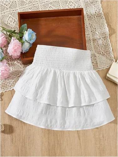Vista 2 de RoseSeek Faldas de Capas Escalonadas Fruncidas Boho Smocked para Niña, Casuales, Lindas, de Cintura Alta, Plisadas, con Volantes, Fluidas, Elásticas