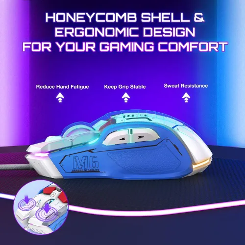 Vista 4 de WolfLawS M6 RGB Gaming Mouse 12800 DPI con cable PC Gamer Mouse con 10 botones programables y botón de fuego, 12 modos retroiluminados, software
