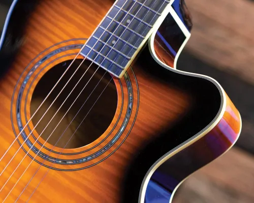 Vista 11 de Washburn Festival EA15 Mini Jumbo Cutaway, guitarra eléctrica acústica, ráfaga de tabaco Parte superior de arce figurada; Mini corte gigante