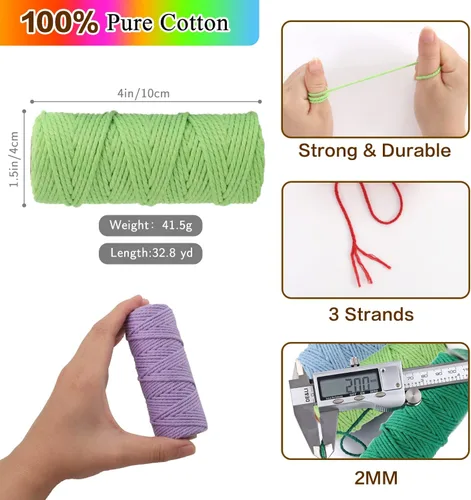 Vista 4 de PHUNTTEK Cordón de macramé de 0.079 in x 590 yardas, 18 rollos de cuerda de algodón natural, 3 soportes de cuerda de yute, cuerda suave, hilos