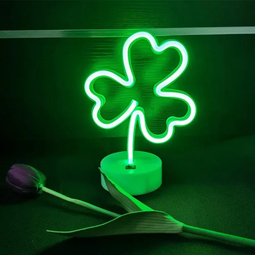 Vista 3 de ENUOLI Letreros de neón LED con forma de trébol, luces decorativas verdes, funciona con USB/batería, luces de decoración con base, letrero de neón