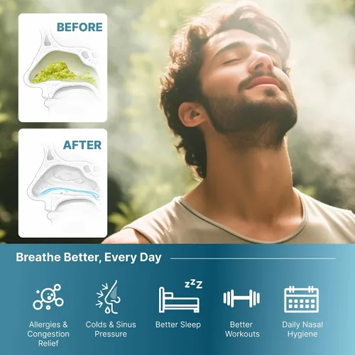 Vista 5 de NASALFRESH MD Paquete premium: sistema de riego nasal de doble potencia, enjuague nasal y lavado, sistema de alivio descongestionante sinusal, 60