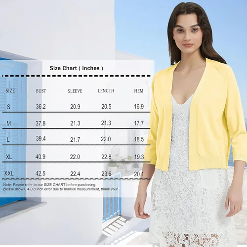 Vista 6 de Women's 34 Sleeve Open Front Cropped Cardigan Solid Shrugs Lightweight Knit Sweater