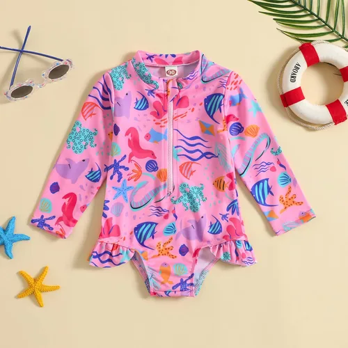 Vista 2 de Traje de baño de una pieza con cremallera y estampado floral para niños y niñas pequeñas