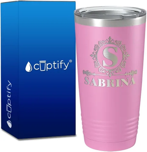 Vista 40 de Vaso personalizado de regalo de cumpleaños para mujeres y hombres, con monograma de escritura dividida, inicial y nombre grabado en negro, taza