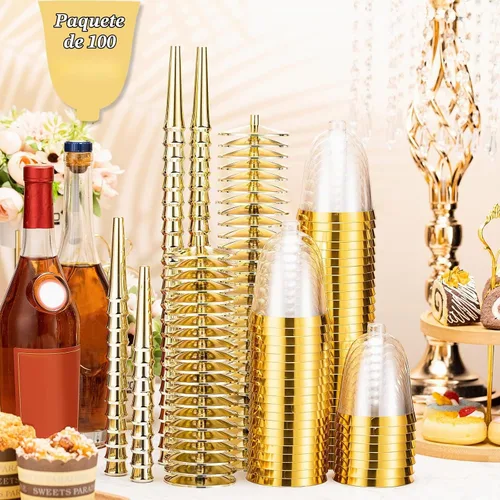 Vista 3 de Paquete de 100 copas de vino de plástico desechables con borde a granel de 8 onzas, elegantes copas de vino con tallo largo, copas de vino Dorado