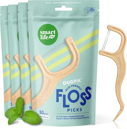 Vista 14 de SmartLifeco Púas de hilo dental ecológico de doble hilo (100 unidades) - Hilo dental hecho con mezcla de trigo y paja, blanqueamiento dental