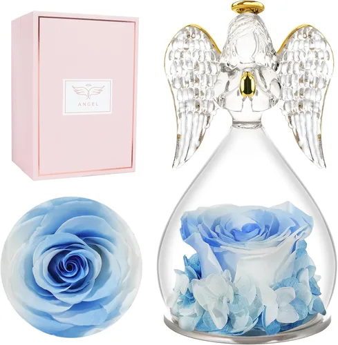 Vista 21 de Miofula Regalos para mamá, regalos de cumpleaños para mujeres, flores preservadas en figuras de ángel de cristal, flores frescas para entrega, Rosa
