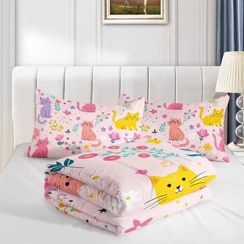 Vista 5 de QOOMO Edredón floral de gato tamaño Twin, juego de ropa de cama de gato rosa para niños, adolescentes y niñas, juego de ropa de cama de 3 piezas