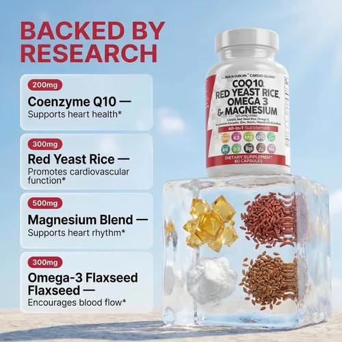 Vista 3 de Clean Nutraceuticals COQ10 200mg Arroz de Levadura Roja Omega 3 Complejo de Magnesio 500mg Niacina Zinc Vitamina K2 D3 - Vitaminas para el Apoyo al