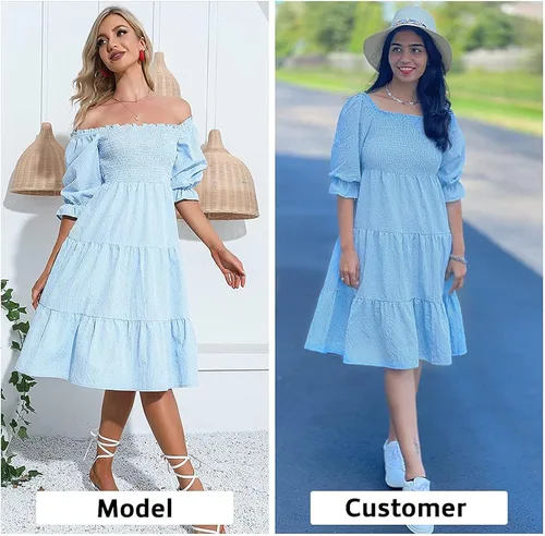 Vista 2 de EXLURA Vestido midi escalonado a cuadros con nudo en la espalda para mujer con cuello cuadrado busto fruncido manga abombada con volantes
