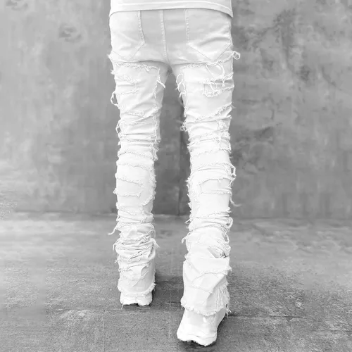 Vista 5 de Mxiqqpltky Jeans apilados para hombre, ajustados, rectos, negros, rasgados, ajustados, desgastados, pantalones de mezclilla destruidos, ropa de calle