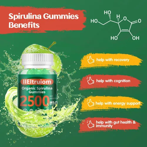 Vista 4 de Gomitas de Clorella de espirulina azul orgánica, 13 en 1 Super Greens & Superfoods, espirulina de 2500 mg de energía diaria mejorada con musgo