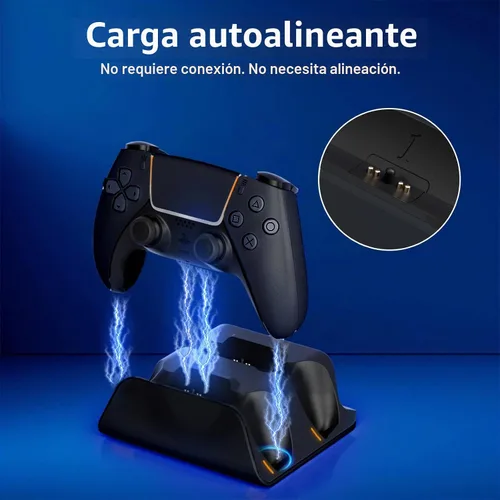 Vista 3 de Estación de carga para controlador PS5 con indicador LED, base de carga autoalineable, base de carga rápida de doble controlador, soporte de Negro