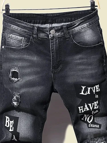 Vista 4 de AYBAY Jeans para hombre Jeans rasgados con letras gráficas Jeans para hombre (Color negro, Talla 30)