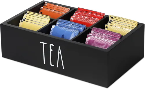 Vista 8 de LBEMEY - Organizador de bolsas de té, recipientes de almacenamiento de té de madera con 6 compartimentos, soporte para paquetes de azúcar, caja