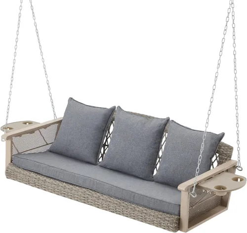 Vista 14 de HOMREST Columpio de mimbre para porche para 3 personas con portavasos mejorado, silla colgante de 56 pulgadas con cojines, columpio al aire libre