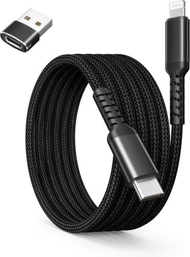 Vista 11 de Basesailor - Cable cargador corto de 1 pie para iPhone 14 13, cable USB C a Lightning con adaptador USB A, cable de carga rápida para Apple iPhone