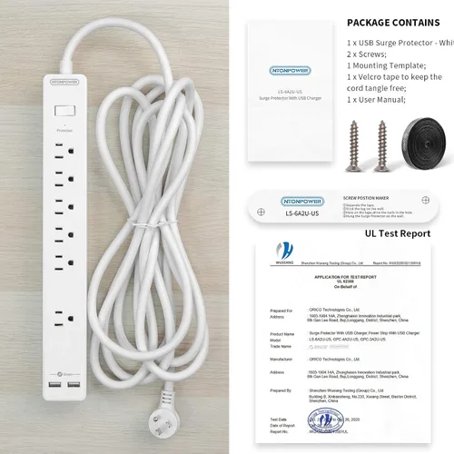 Vista 9 de Cable de extensión de 15 pies, protector de sobretensiones de 6 salidas, tira de alimentación larga y resistente de enchufe plano, enchufe plano