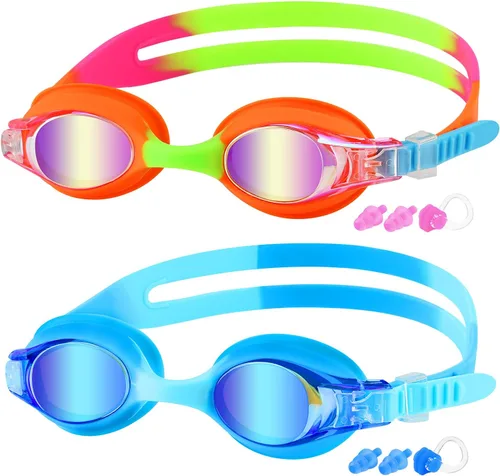 Vista 7 de COOLOO Gafas de natación para niños de 3 a 15 años, paquete de 2 gafas de natación para niños con cubierta para la nariz, sin fugas, antiniebla
