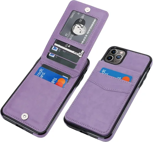 Vista 11 de KIHUWEY Funda tipo cartera para iPhone 11 Pro Max con soporte para tarjetas Negro