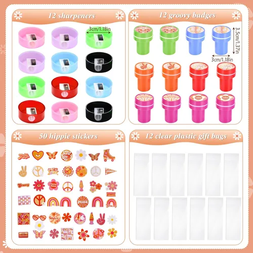 Vista 2 de Honoson Juego de 122 piezas de regalos de cumpleaños retro hippie, suministros boho, libreta de lápices, sacapuntas, gafas, bolsas de calcomanías