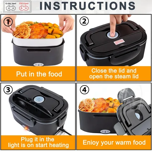 Vista 5 de Nifogo 100W Heated Bowl for Car and Truck and Office Electric Lunch Box 3 in 1 Stainless Steel 12 V 24 V and 230 V – Lunch Box 1.5 L x 2 with Grey