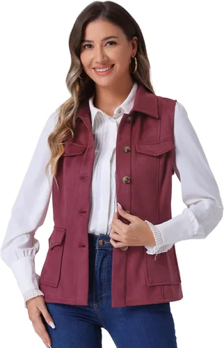 Vista 6 de Allegra K Chaleco de Gamuza Sintética Utilitario para Mujer con Botones sin Mangas con Bolsillo Cargo Verde militar