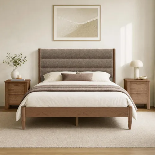 Vista 6 de KISLOT Marco de cama de madera con cabecera tapizada, marrón, tamaño Queen