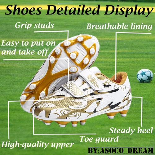 Vista 4 de ASOCO DREAM Zapatos de fútbol para niños y niñas, zapatos de fútbol para suelo firme, para jóvenes profesionales atléticos para exteriores e
