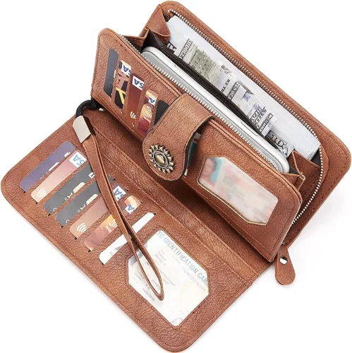 Vista 3 de BROMEN Billeteras de cuero para mujer, cartera grande de mano para teléfono, 1- marrón , Casual