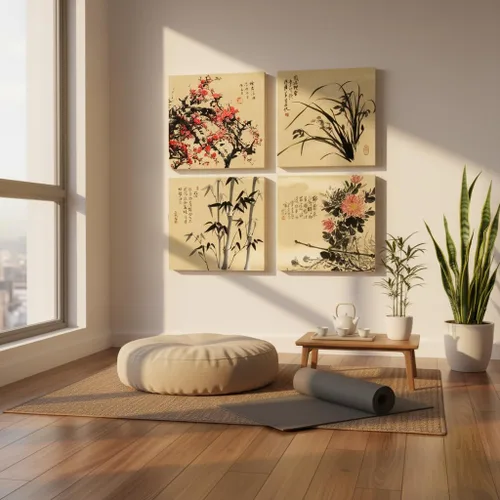 Vista 5 de JiazuGo Lienzo decorativo asiático oriental para pared, cuadros chinos para decoración estética de dormitorio, juego de 4 obras de arte estiradas