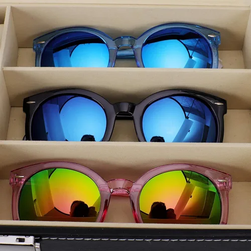 Vista 5 de Caja de reloj de cuero y gafas de sol organizador y caja de exhibición de joyas cajón con cerradura organizador negro