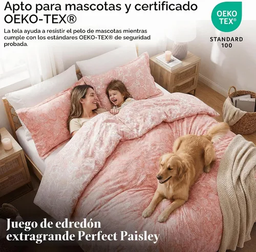 Vista 5 de Juego de edredón de gran tamaño King con 2 fundas de almohada, perfecto 13 - Paisley Coral Haze