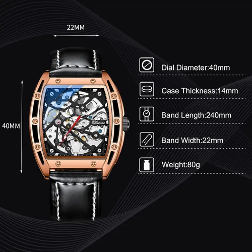 Vista 6 de RORIOS Reloj de esqueleto automático para hombre, reloj mecánico automático con correa de cuero, reloj luminoso Tonneau reloj de viento automático