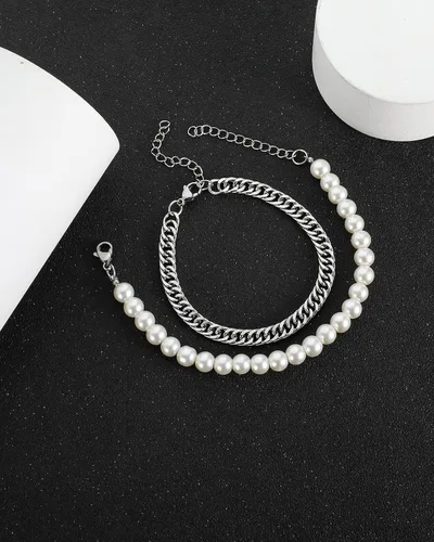 Vista 3 de Pulsera de perlas de imitación para hombre con eslabones cubanos Figaro Chain Set de pulseras de muñeca para hombre