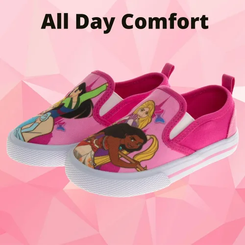 Vista 2 de Disney Minnie Mouse, Elsa Frozen, zapatos de princesa para niñas y niños pequeños, mocasín de personaje, parte superior baja, tenis casuales de lona