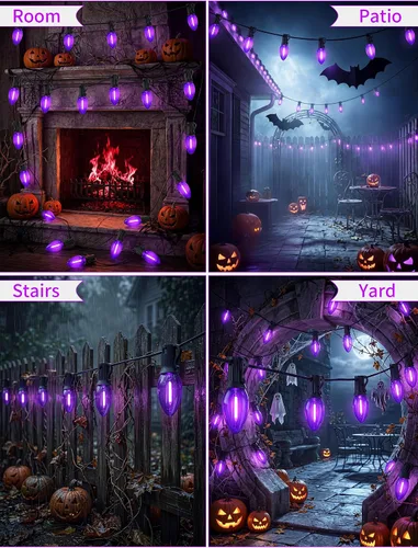 Vista 7 de 25 Pack C7 E12 Purple LED Replacement Bulbs for Outdoor String Lights 0.6W Design, 120V, Dimmable design, IP65 Shatterproof Plastic for Halloween