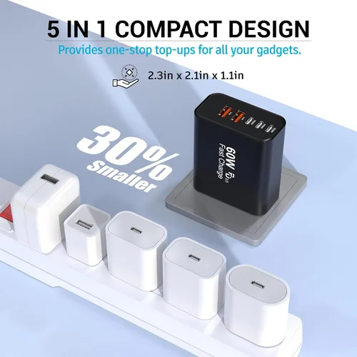 Vista 6 de TZBAY Bloque de carga USB-C de 60 W (paquete de 2), concentrador de carga rápida de 5 puertos (3 USB-C, 2 USB-A), PD 3.0 tipo C Power Brick