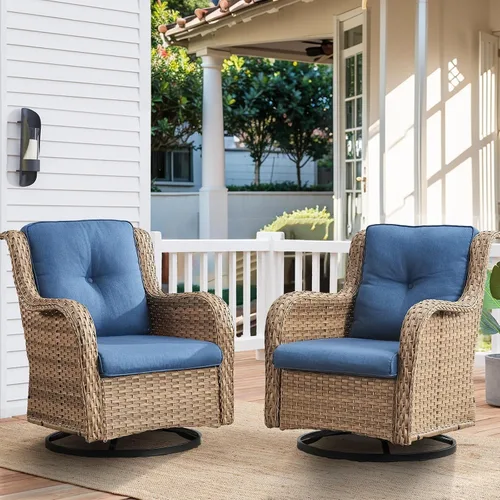 Vista 71 de HUMMUH Juego de 2 Sillas Giratorias Mecedoras de Mimbre para Patio Exterior, Juego de Muebles de Sillas Mecedoras de Ratán (Marrón, Azul) 50,000