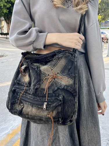 Vista 3 de Bolso de hombro vintage para mujer, bolsos cruzados femeninos grandes, bolso de mano de mezclilla desgastado