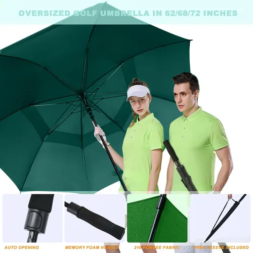 Vista 5 de Paraguas de golf extragrande de 62, 68 y 72 pulgadas, con doble dosel ventilado, resistente al viento, impermeable, de apertura automática