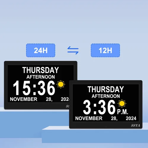 Vista 5 de SSYA Reloj de demencia para personas mayores, reloj digital con fecha y día de la semana, DST automático, reloj despertador con calendario grande